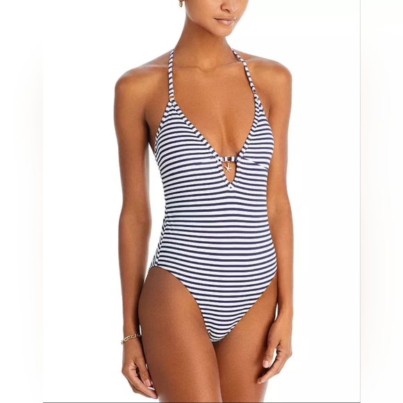 Aqua Swim White Navy Blue Striped Halter Starfish One Piece Swim